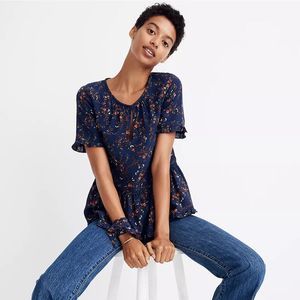 Madewell Silk Stanza Ruffle-Hem Top in Moonless Floral 3X